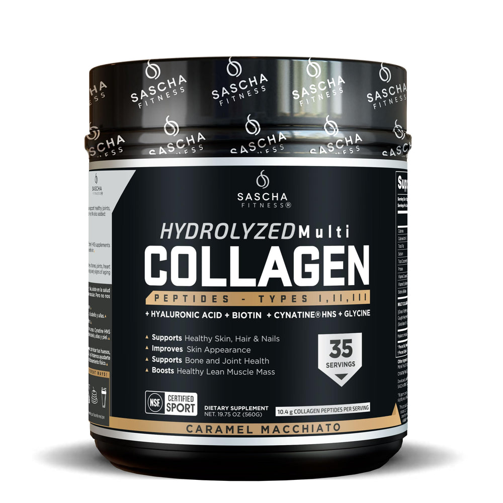 SASCHA FITNESS Hydrolyzed Multi Collagen Peptides bottle highlighting skin support