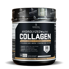 SASCHA FITNESS Hydrolyzed Multi Collagen Peptides bottle highlighting skin support