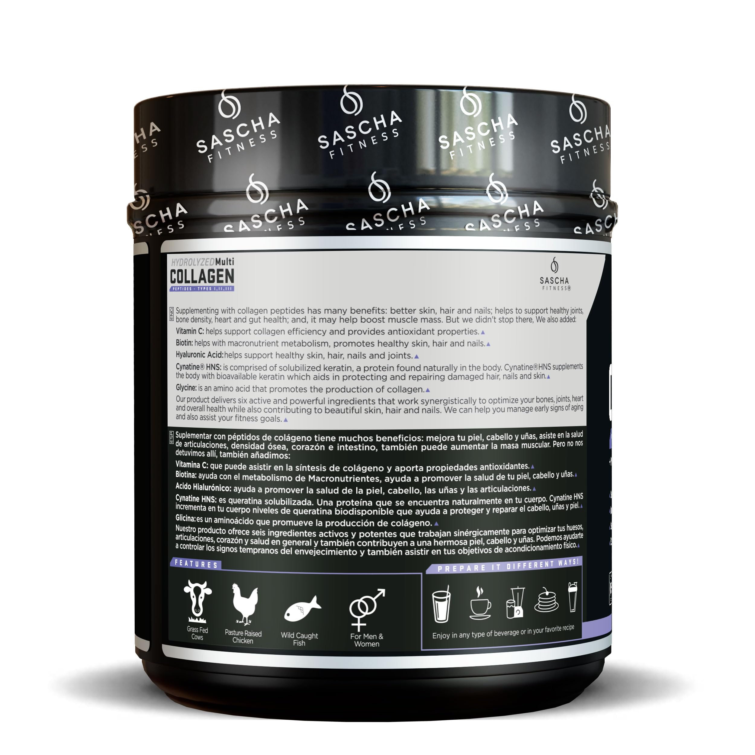 SASCHA FITNESS label close-up highlighting hyaluronic acid for skin support