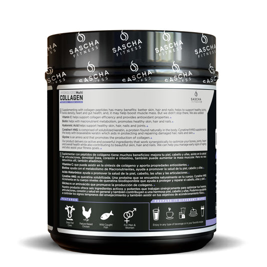 SASCHA FITNESS label close-up highlighting hyaluronic acid for skin support
