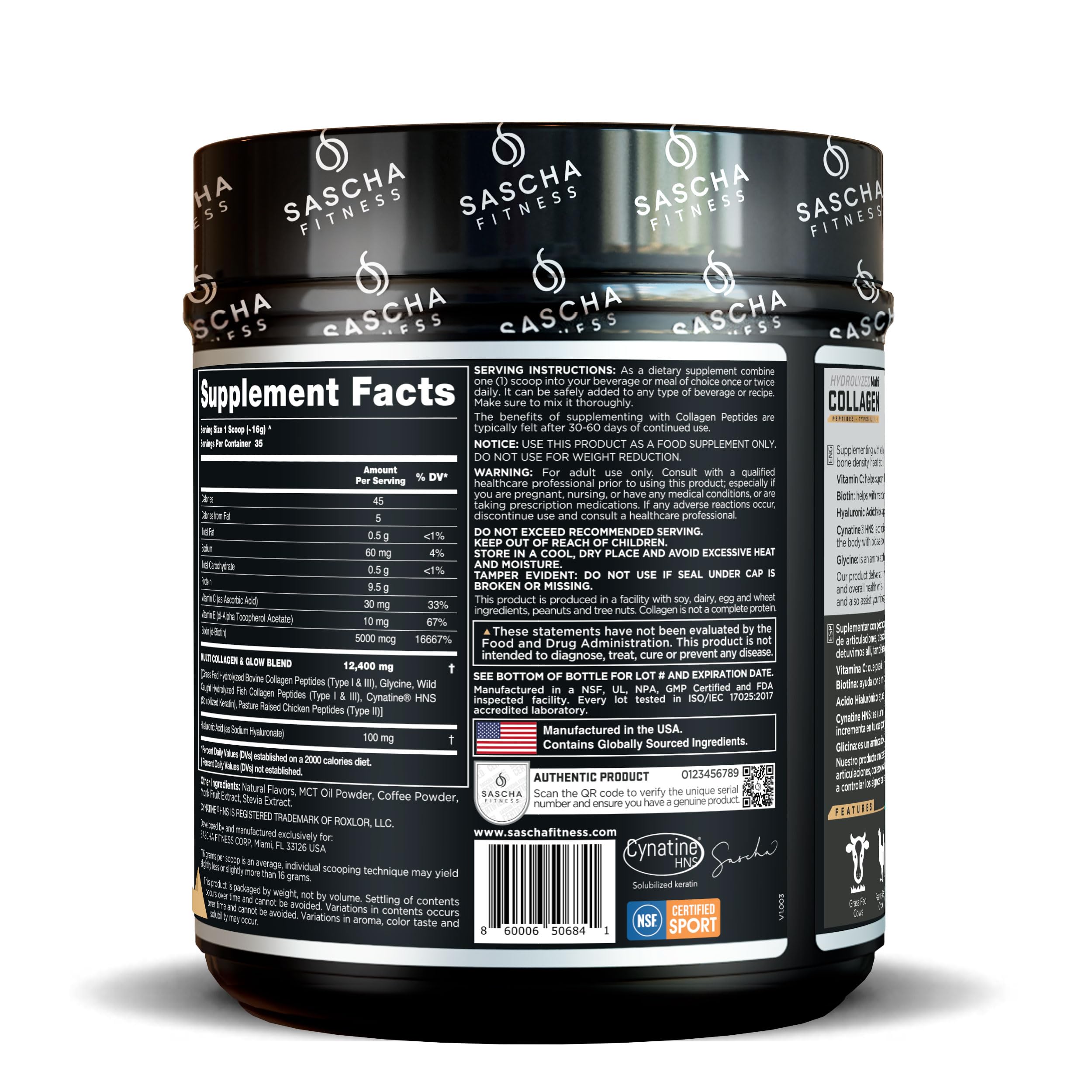 SASCHA FITNESS label detail highlighting Biotin and Cynatine HSN benefits