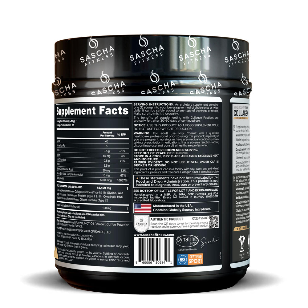SASCHA FITNESS label detail highlighting Biotin and Cynatine HSN benefits