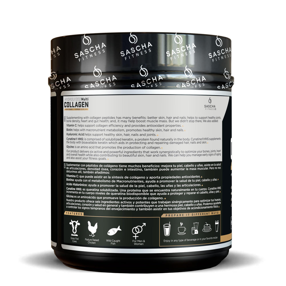 SASCHA FITNESS Hydrolyzed Multi Collagen Peptides powder being poured for easy daily use
