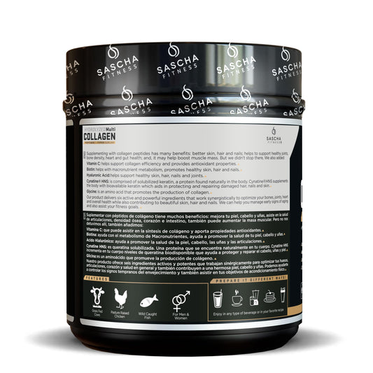 SASCHA FITNESS Hydrolyzed Multi Collagen Peptides powder being poured for easy daily use