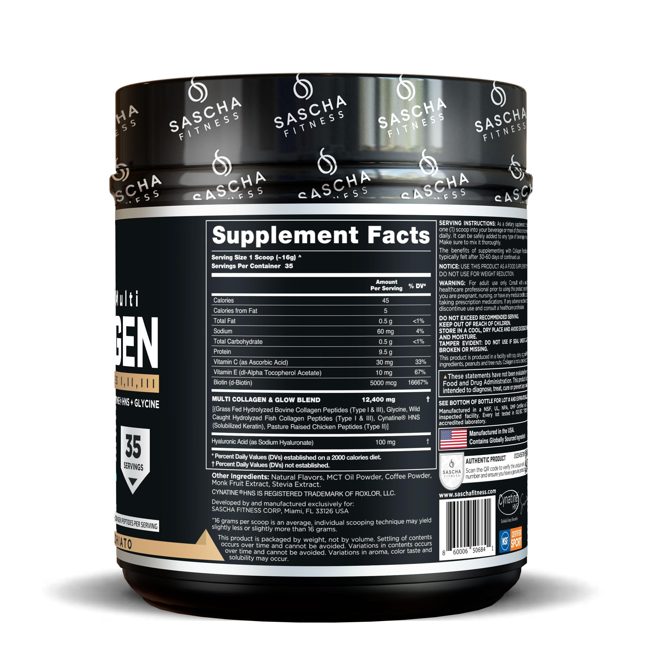 Close-up of SASCHA FITNESS collagen tub highlighting Hyaluronic Acid and Vitamin C