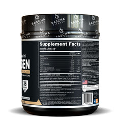 Close-up of SASCHA FITNESS collagen tub highlighting Hyaluronic Acid and Vitamin C