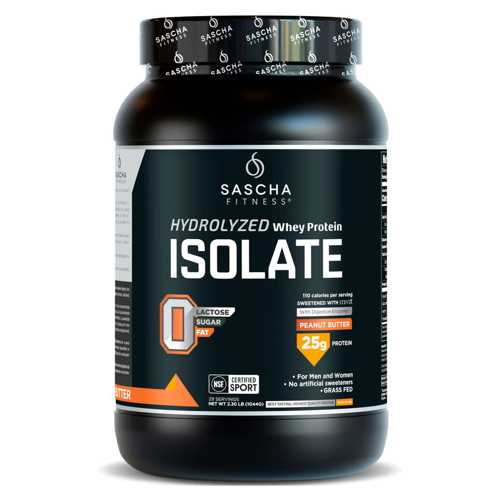 SASCHA FITNESS hydrolyzed whey isolate peanut butter bottle for fast absorption