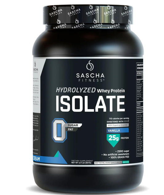 Packaging of SASCHA FITNESS Hydrolyzed Whey Isolate Vanilla highlighting grass-fed protein for lean muscle support.