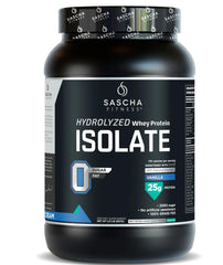 Packaging of SASCHA FITNESS Hydrolyzed Whey Isolate Vanilla highlighting grass-fed protein for lean muscle support.