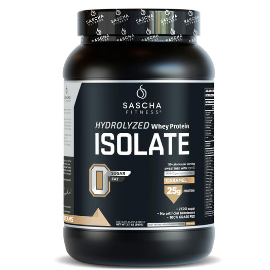 SASCHA FITNESS Hydrolyzed Whey Protein Isolate bottle shown for fast-absorption protein on the go