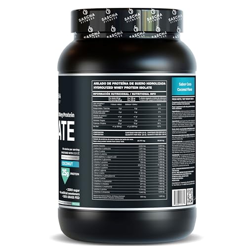 SASCHA FITNESS coconut whey protein scoop beside tub for quick serving