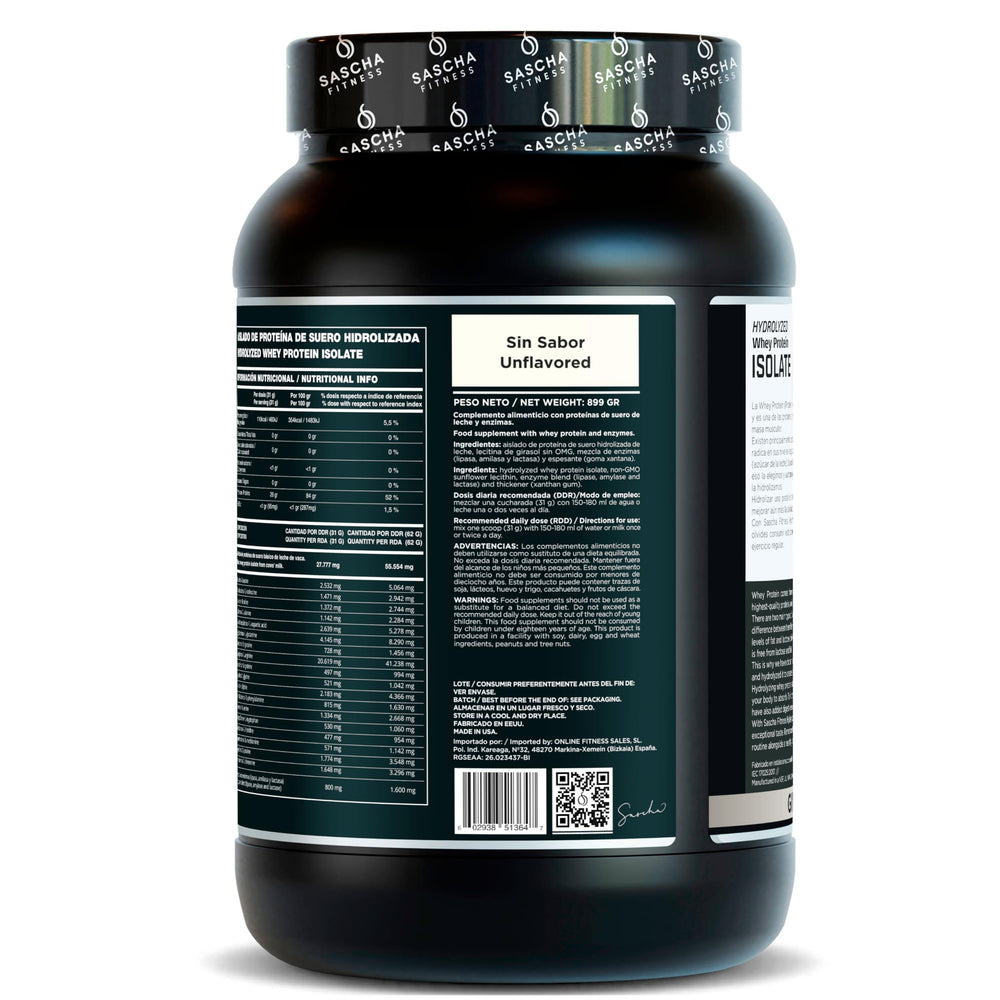 SASCHA FITNESS Hydrolyzed Whey Protein Isolate label provides gluten-free and lactose-free benefits