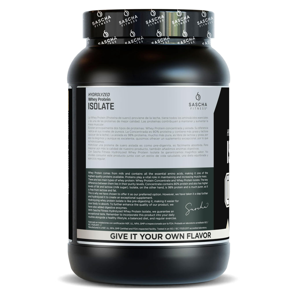 SASCHA FITNESS Hydrolyzed Whey Protein Isolate scoop shows easy measuring for accurate servings