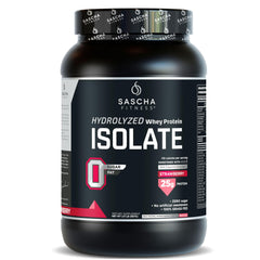 Sascha Fitness hydrolyzed whey protein isolate strawberry powder being poured for fast muscle support