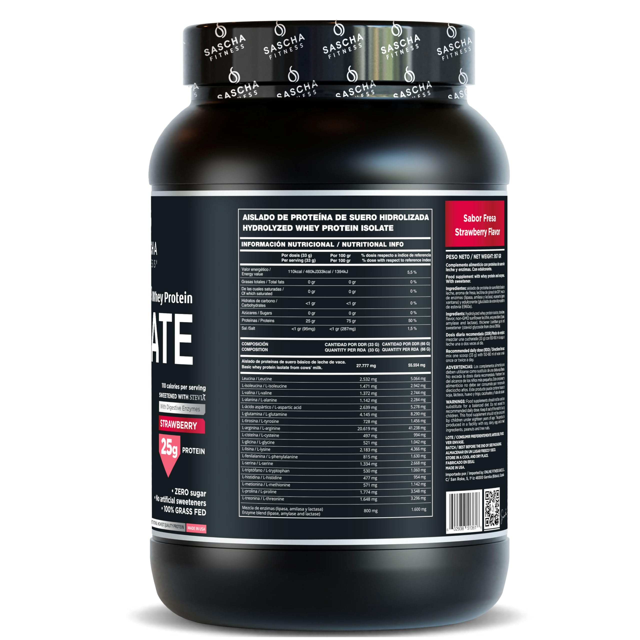 Sascha Fitness whey protein isolate strawberry shake in a glass, post-workout option