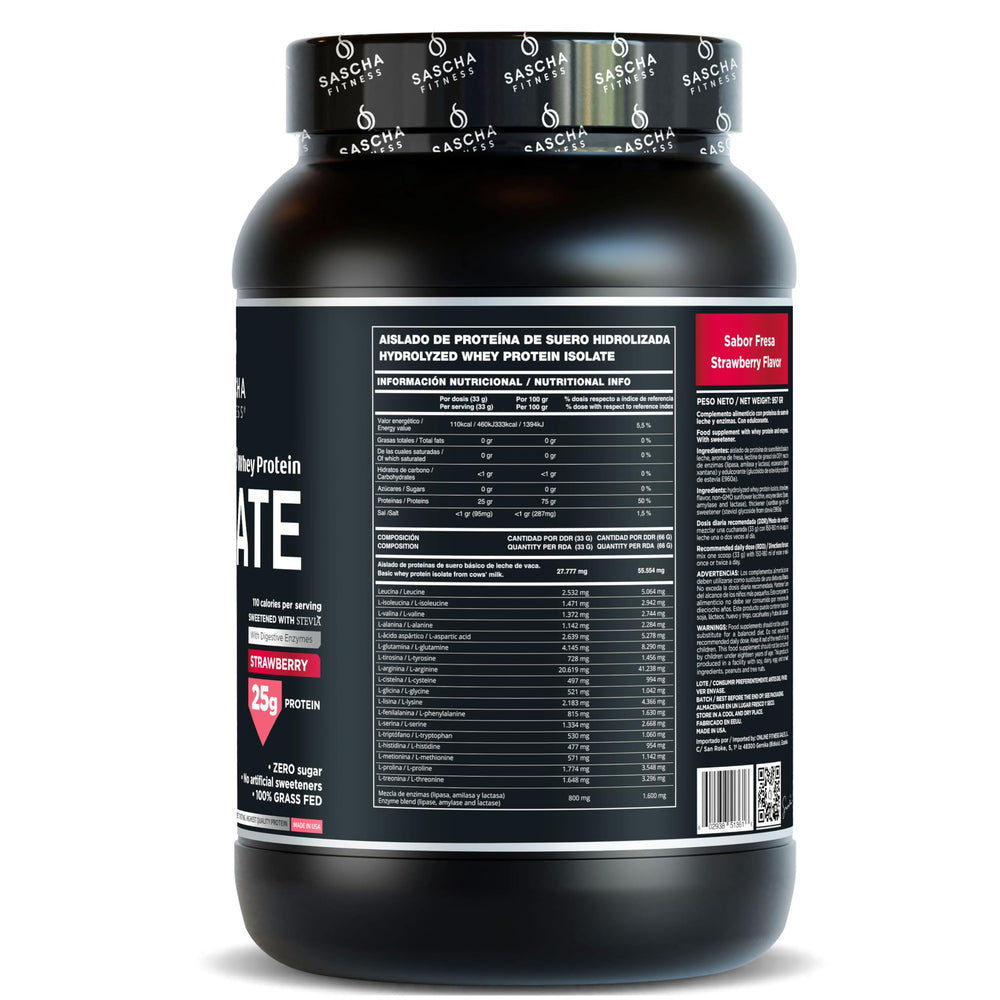 Sascha Fitness whey protein isolate strawberry shake in a glass, post-workout option