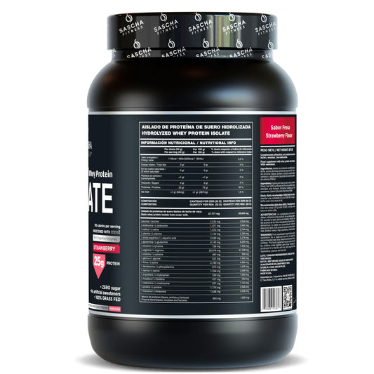 Sascha Fitness whey protein isolate strawberry shake in a glass, post-workout option