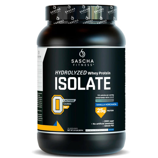 SASCHA FITNESS Hydrolyzed Whey Protein Isolate bottle pouring for fast absorption