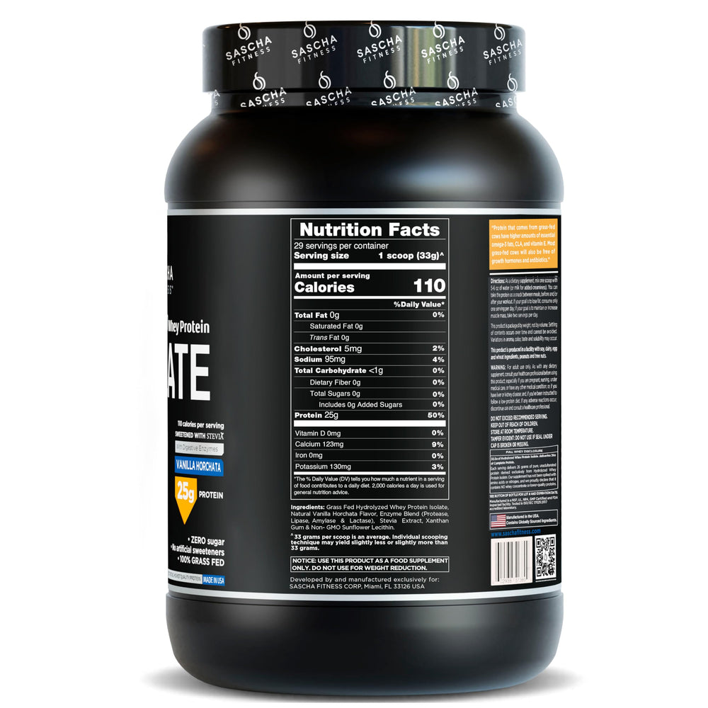 SASCHA FITNESS label shows 25 g protein per serving and BCAAs