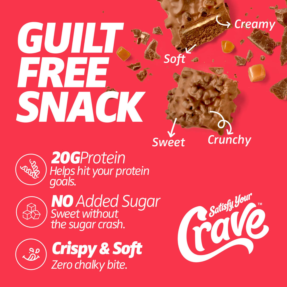 SATISFY YOUR CRAVE Crave Bars offer 20g protein and no added sugar for a daily quick boost.