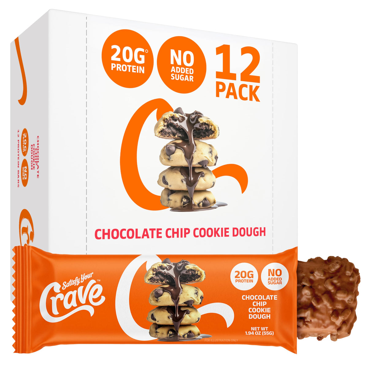 SATISFY YOUR CRAVE Crave Protein Bars chocolate chip cookie dough bar with chewy texture, great for on-the-go