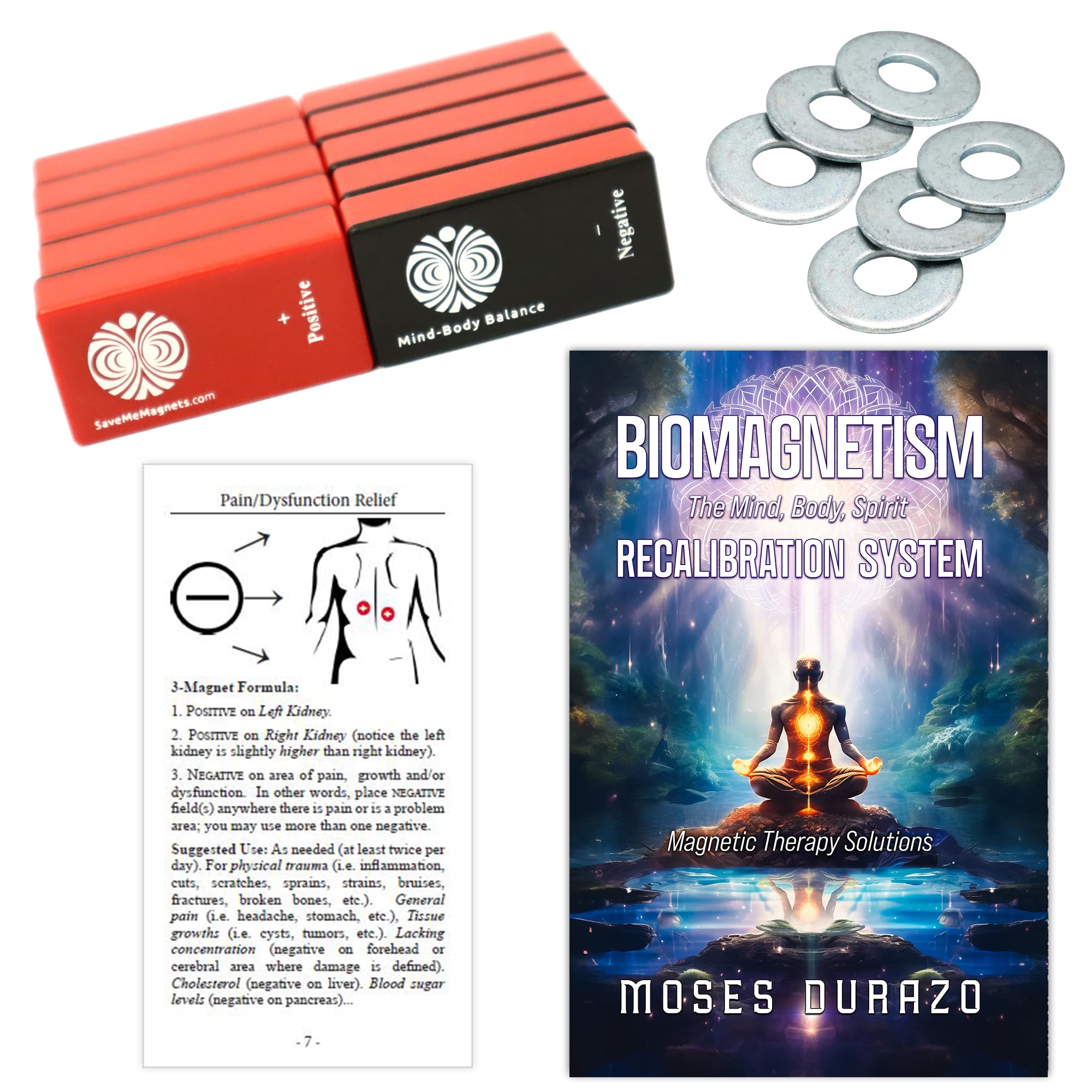 Illustrated guides from SaveMeMagnets showing five biomagnetic formulas for self-care.