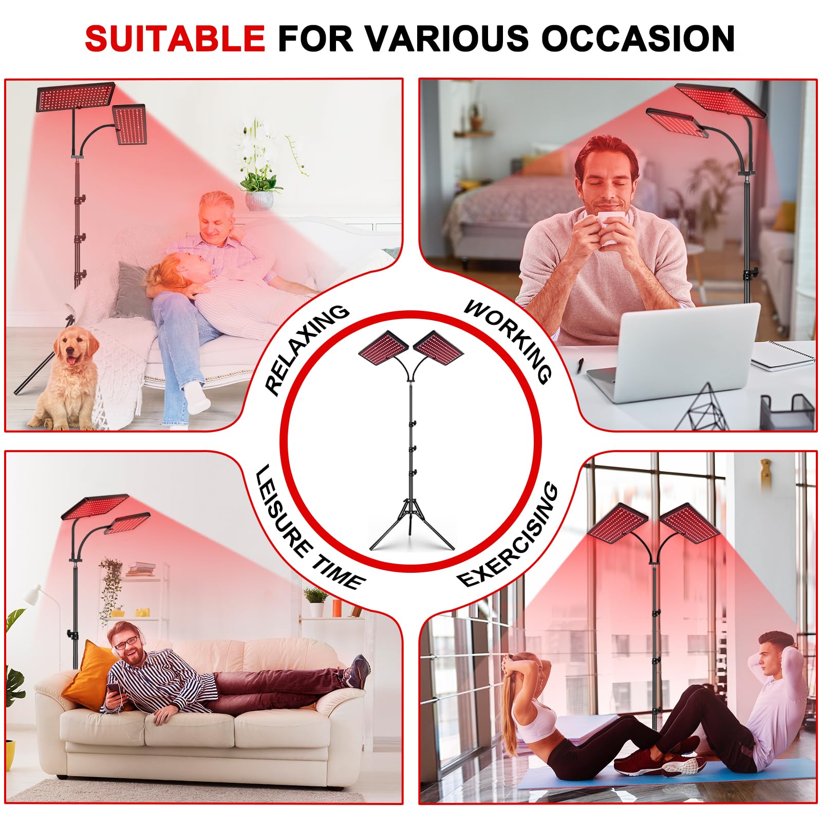 Saviler floor-standing tripod stand enables full-body irradiation at home.