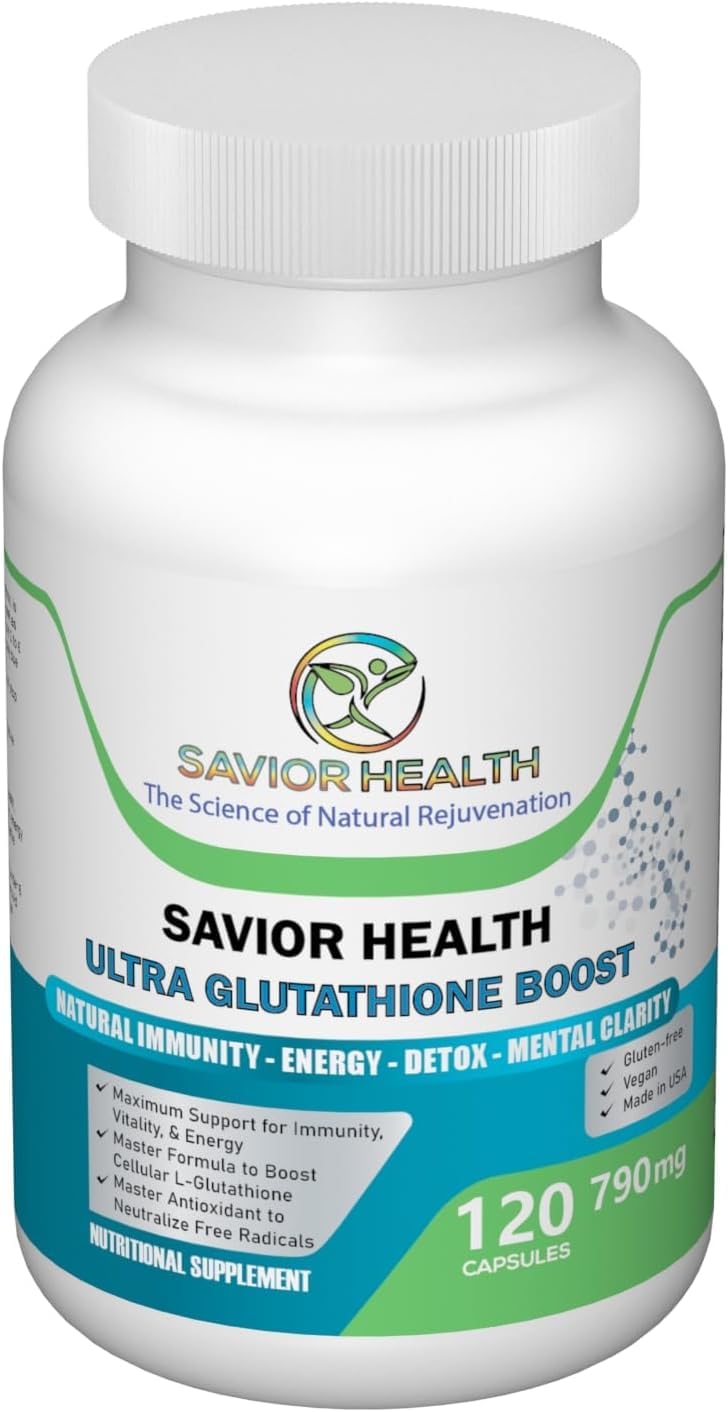 Savior Health Ultra Glutathione Boost bottle showing daily antioxidant support.