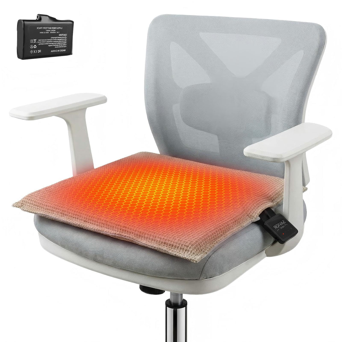 SAVIOR HEAT seat cushion on office chair delivers stable warmth for long workdays.