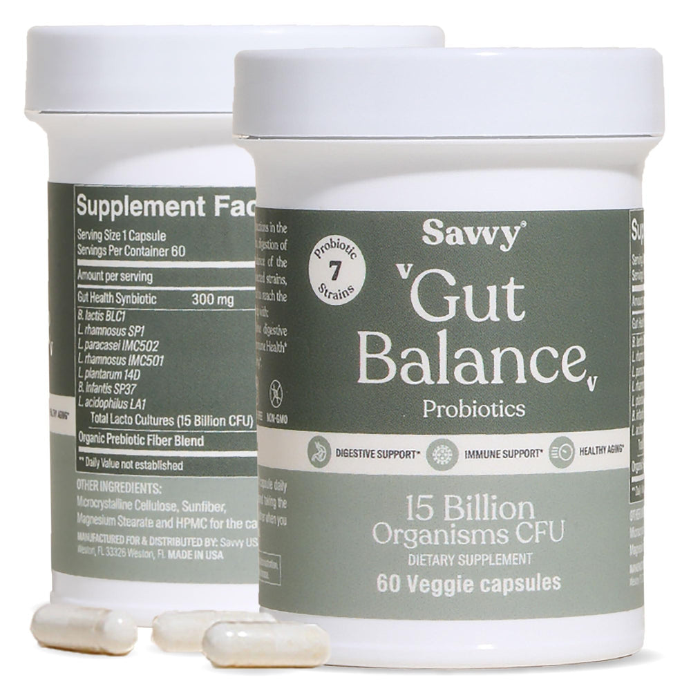 SAVVY Gut Balance probiotic bottle ready for daily digestive support.