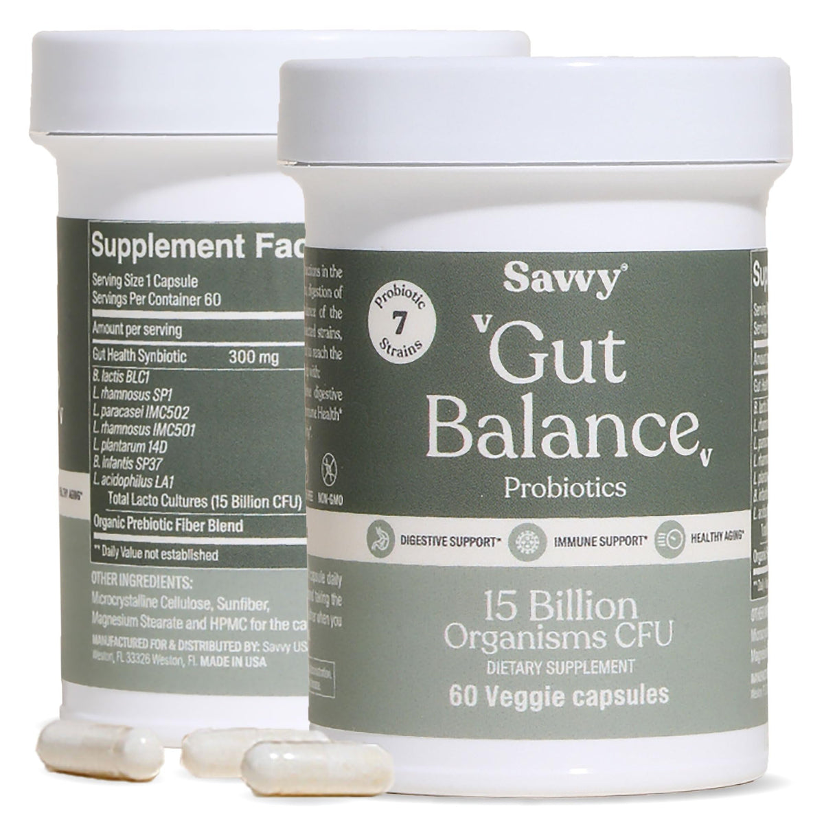SAVVY Gut Balance probiotic bottle ready for daily digestive support.
