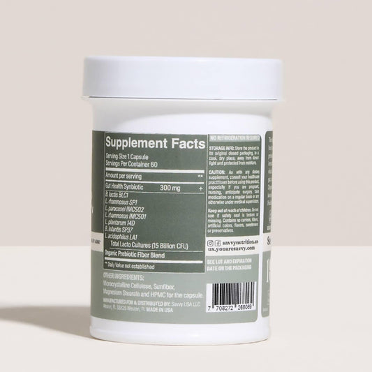 SAVVY Gut Balance capsules showing high-potency daily probiotic intake.