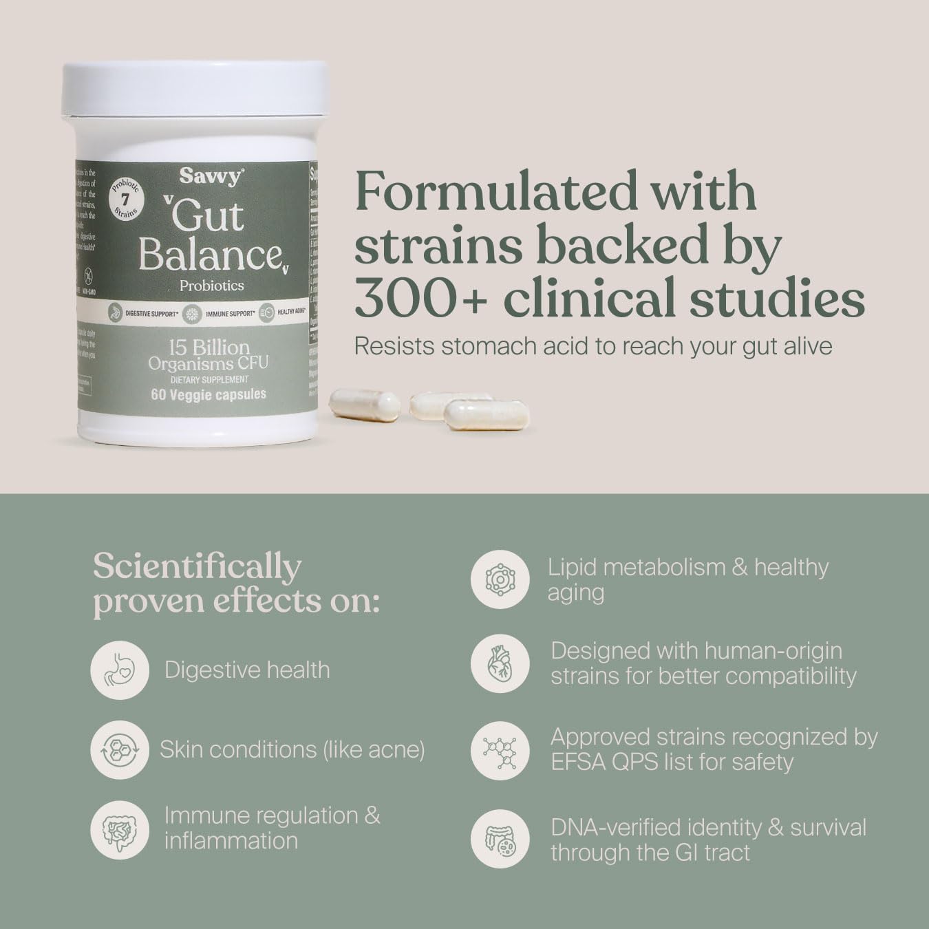 SAVVY Gut Balance daily-use capsules arranged for morning routine.