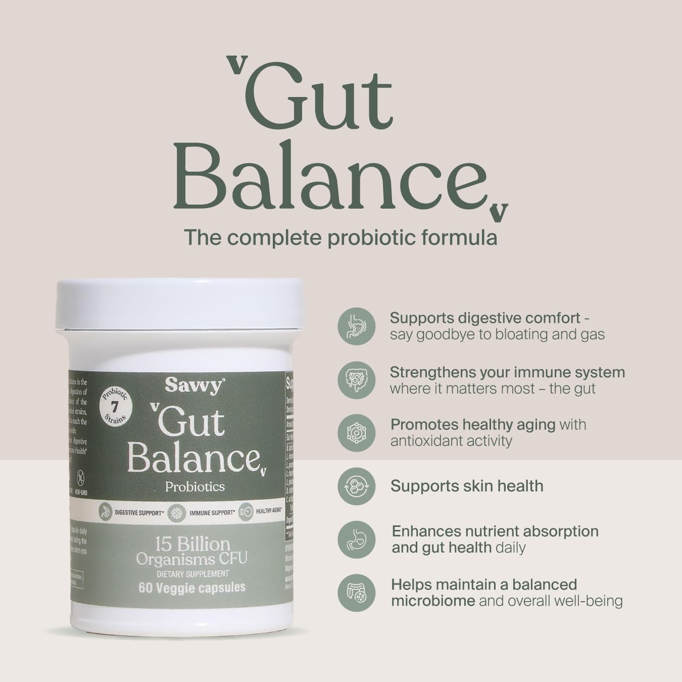 SAVVY Gut Balance label highlights vegan, non-GMO, sugar-free formula.