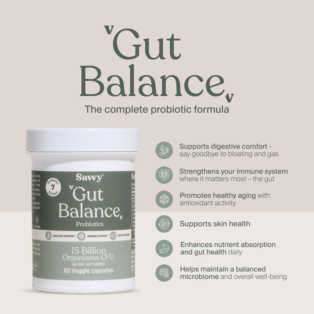 SAVVY Gut Balance label highlights vegan, non-GMO, sugar-free formula.