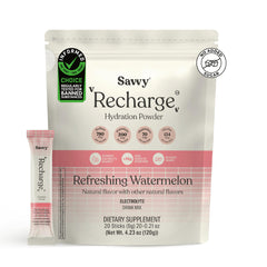 Savvy Recharge electrolyte powder bottle for on-the-go hydration.