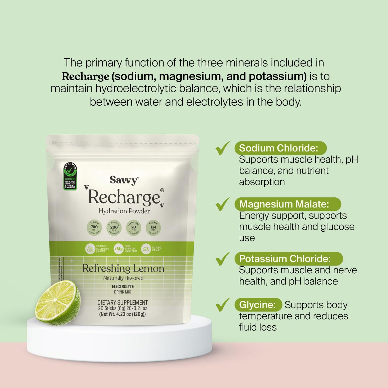 Savvy Recharge glycine-boosted hydration close-up showing absorption support.