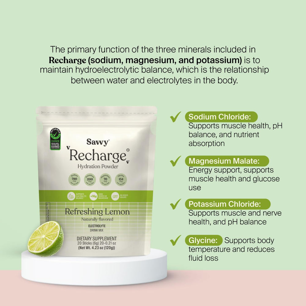 Savvy Recharge glycine-boosted hydration close-up showing absorption support.