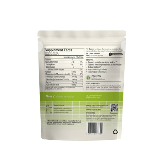 Savvy Recharge lemon sachet close-up highlighting a sugar-free option.