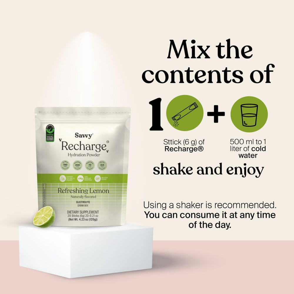 Savvy Recharge shaker bottle showing easy mix after workouts.