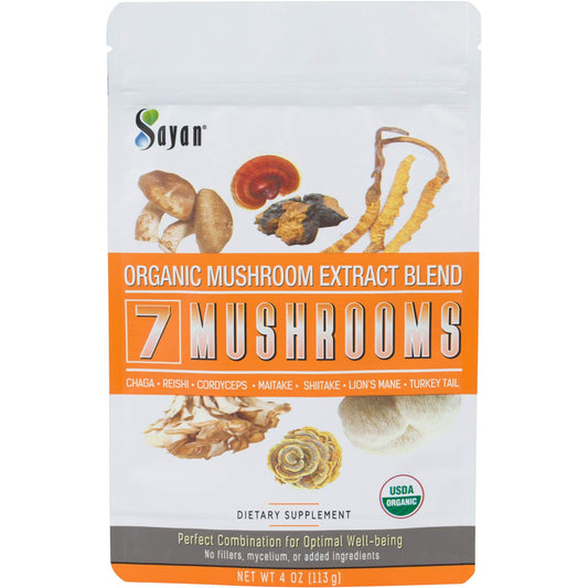 Sayan 7 Mushrooms jar shows a clean, pure extract for daily wellness