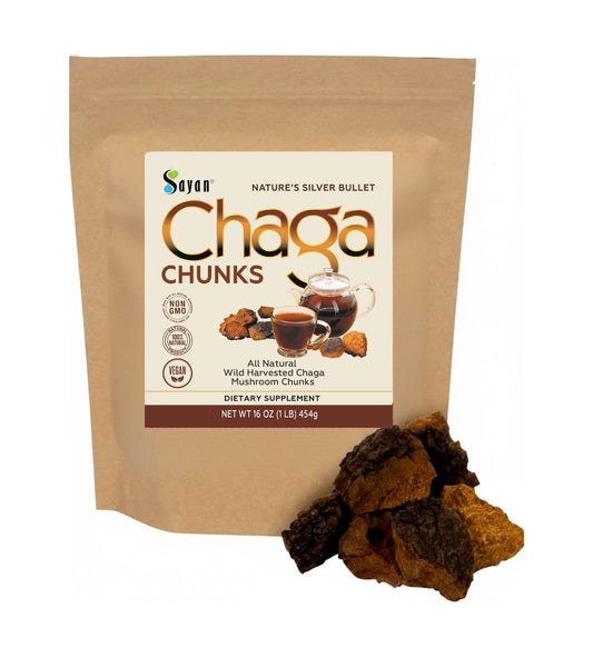 Sayan Chaga chunks with black top crust in 16oz package, potential immune support.