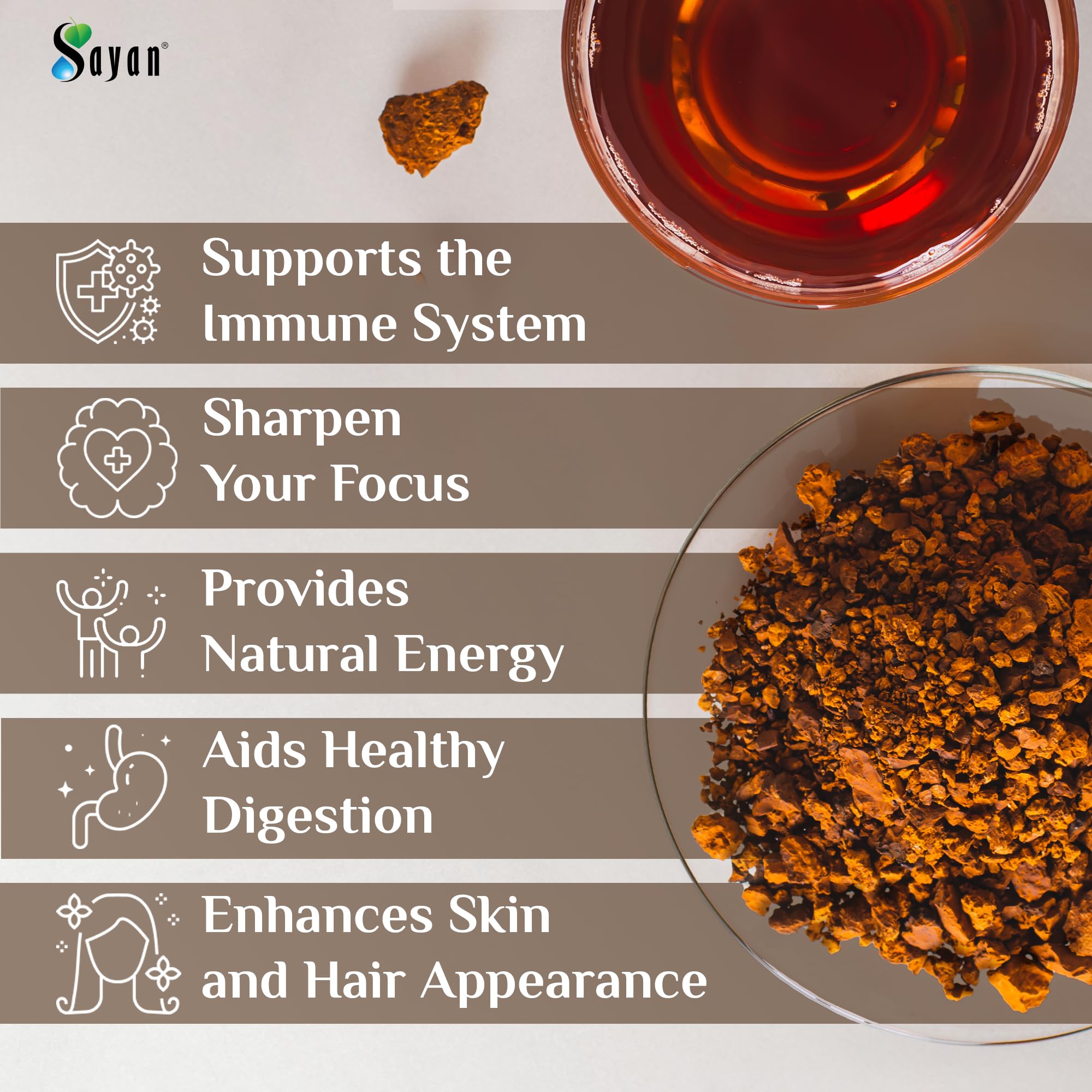 Sayan chaga powder dispersing in hot water hints at rich infusion