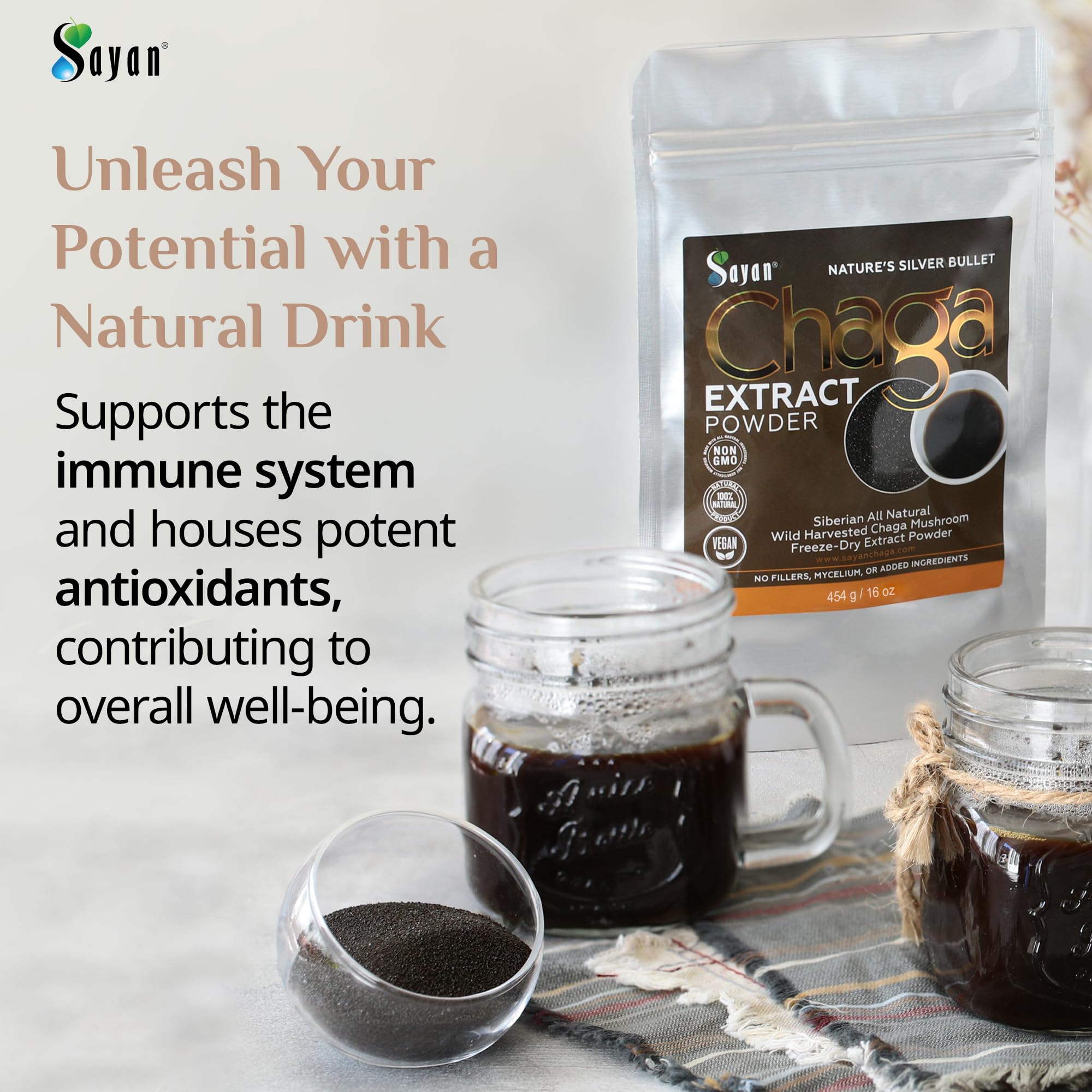 Cup of chaga tea with bold earthy flavor for a comforting moment.