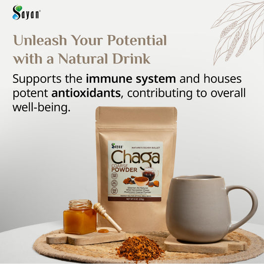 Sayan chaga powder with scoop and bottle demonstrates daily infusion use