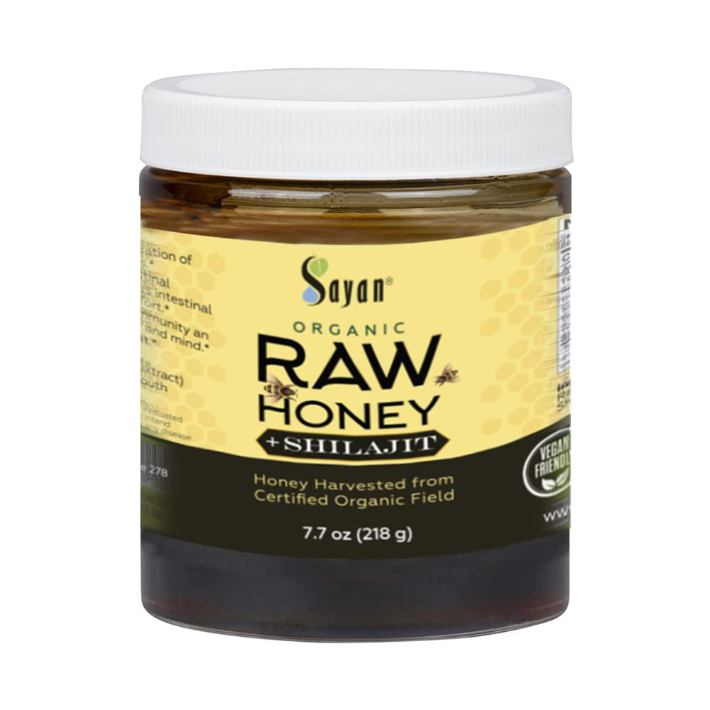 Sayan honey with shilajit resin in jar for immune-supporting wellness.