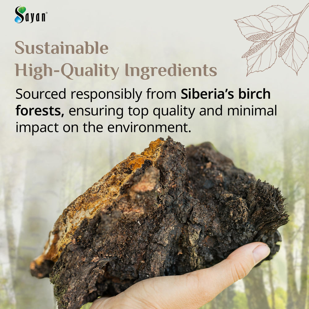 Sayan non-GMO chaga powder label communicates gluten-free and additive-free
