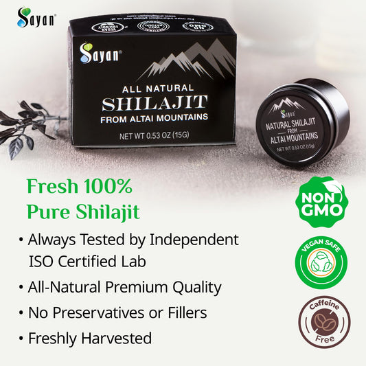 Sayan Pure Altai Shilajit resin jar closeup showing rich texture and purity