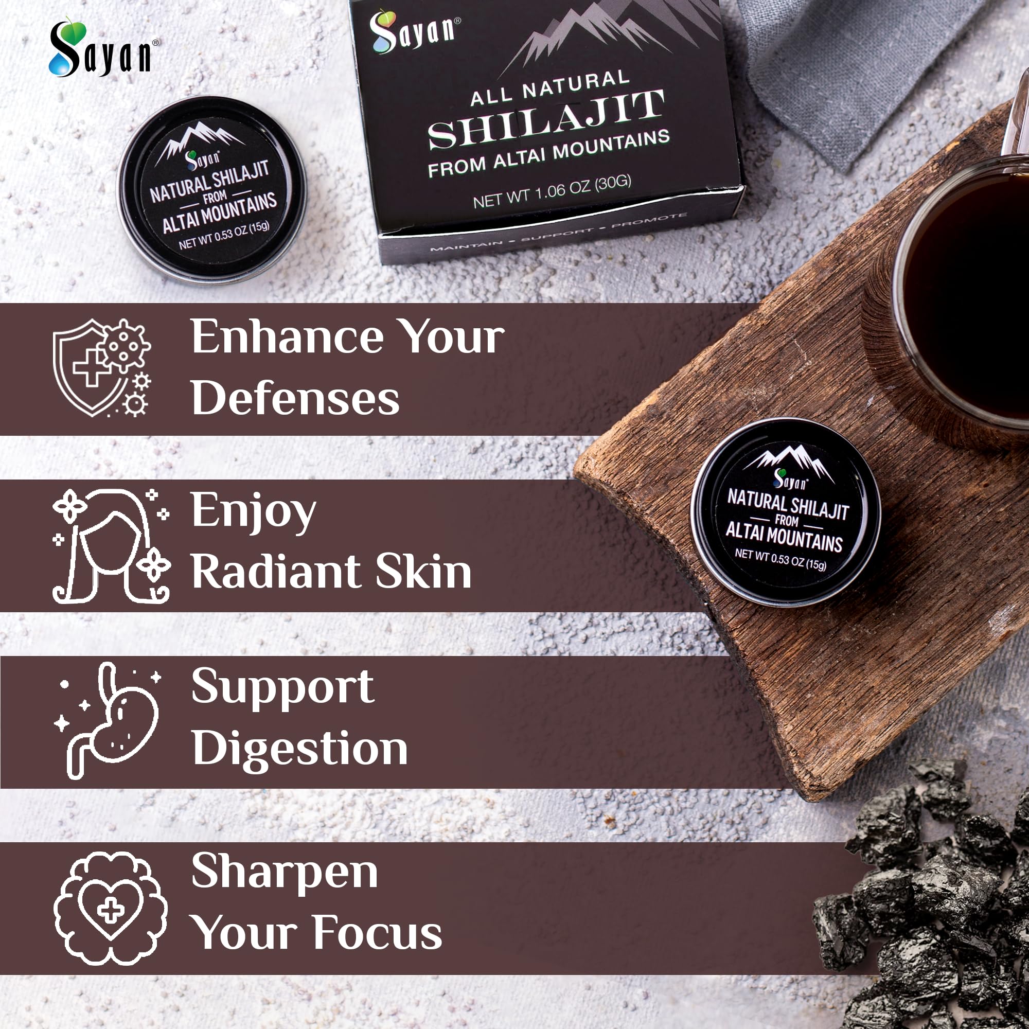 Sayan Shilajit resin promoting antioxidant support and focus