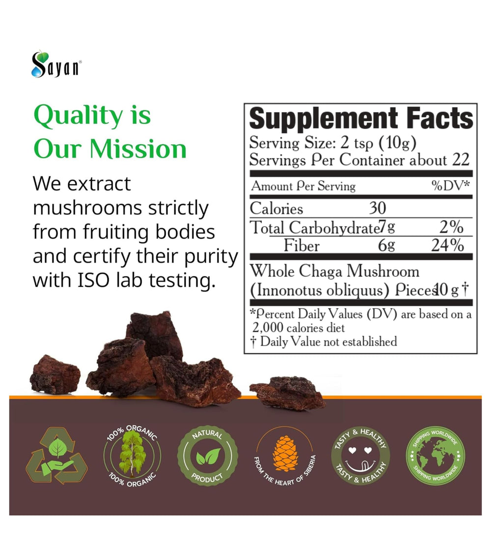 Sayan Chaga chunks label highlights quality control and purity.